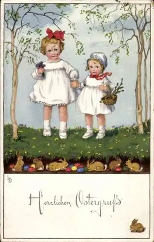 Ak Glückwunsch Ostern, Zwei Kinder auf der Ostereiersuche, Meissner Buch 2447