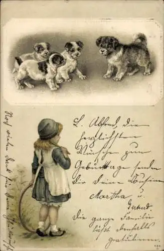 Litho Hundewelpen, Kleines Mädchen mit Spielreifen