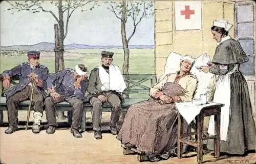 Ak Krankenschwester pflegt verwundete Soldaten, Rotes Kreuz Königreich Sachsen