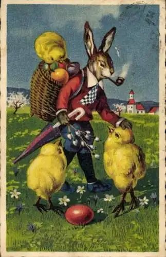 Ak Frohe Ostern, Osterhase mit Pfeife, Küken, Ostereier