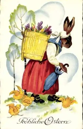 Ak Glückwunsch Ostern, Osterhase trägt Blumenkorb, Küken