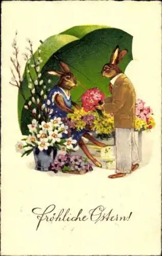 Ak Frohe Ostern, Osterhasen, Häsin als Blumenverkäuferin