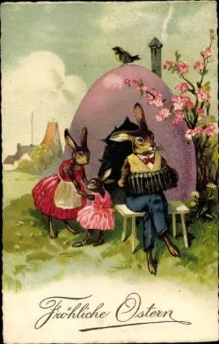 Ak Glückwunsch Ostern, Osterhasen musizieren und tanzen, Eierhaus