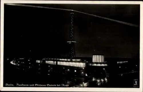 Ak Berlin Charlottenburg Westend, Funkturm, Gläserne Galerie, Nachtbeleuchtung, Klinke & Co. 12734