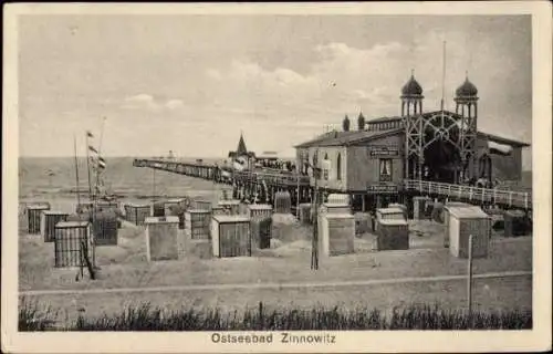 Ak Ostseebad Zinnowitz auf Usedom, Strand, Seebrücke