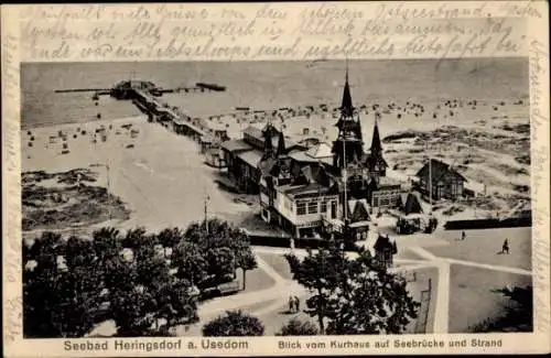 Ak Ostseebad Heringsdorf auf Usedom, Blick vom Kurhaus auf Seebrücke und Strand