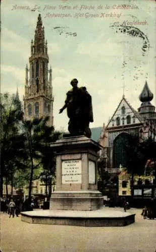 Ak Antwerpen Flandern, Grüner Platz und Turm der Kathedrale