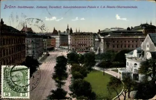 Ak Brno Brünn Südmähren, Stadttheater, Zollamt, Industriebeamten-Palais, Oberrealschule