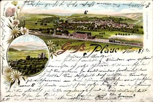 Litho Plaue in Thüringen, Gesamtansicht, Eisenbahn, Capellkirche mit Ruine Ehrenburg