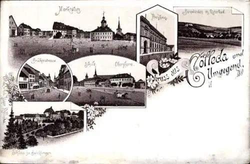 Litho Cölleda Kölleda in Thüringen, Marktplatz, Brückenstraße, Schule, Schloss