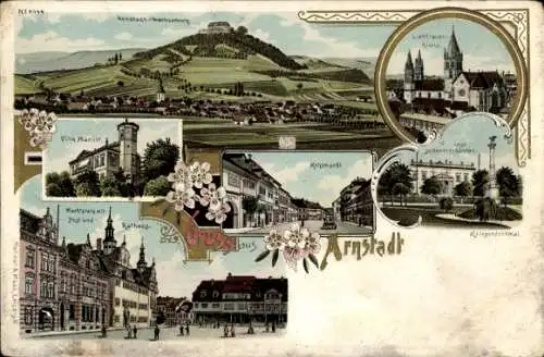 Litho Arnstadt in Thüringen, Gesamtansicht, Wachsenburg, Liebfrauenkirche, Kohlmarkt, Rathaus