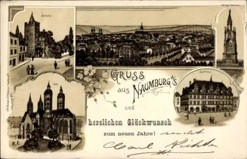 Litho Naumburg an der Saale, Panorama, Dom, Rathaus, Marientor, Glückwunsch Neujahr