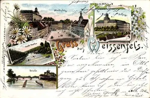 Litho Weißenfels an der Saale, Schloss, Marktplatz, Brücke, Saalepartie