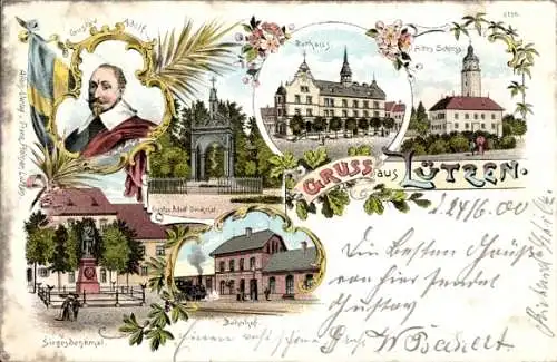 Litho Lützen im Burgenlandkreis, Rathaus, Altes Schloss, Bahnhof, Denkmal, Gustav Adolf