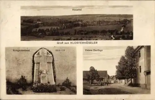 Ak Klosterhäseler im Burgenlandkreis, Panorama Hasseltal, Kriegerdenkmal 1914-18, Untere Dorflage