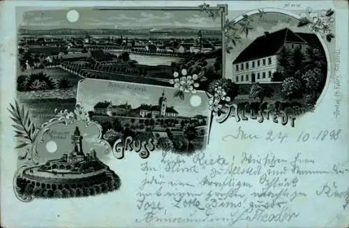 Mondschein Litho Allstedt in Sachsen Anhalt, Totale, Schloss Allstedt, Kyffhäuser Denkmal