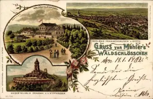 Litho Bad Frankenhausen am Kyffhäuser, Mehler's Waldschlösschen, Kaiser Wilhelm Denkmal