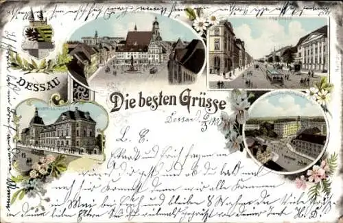 Litho Dessau Sachsen Anhalt, Markt, Kavalierstraße, Herzogl. Schloss, Wappen