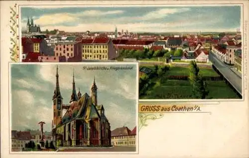 Litho Köthen in Anhalt, Panorama, St. Jacobikirche, Kriegerdenkmal