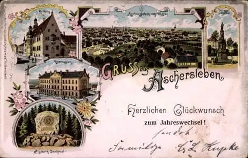 Litho Aschersleben, Gesamtansicht, Kriegerdenkmal, Rathaus, Gymnasium, Bismarck-Denkmal