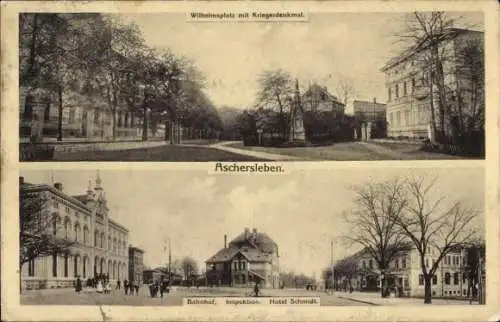 Ak Aschersleben im Salzlandkreis, Wilhelmsplatz mit Kriegerdenkmal, Bahnhof, Inspektion, Hotel