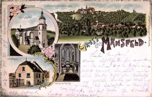 Litho Mansfeld im Harzvorland, Totale, Kirche, Lutherhaus