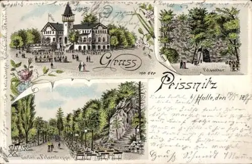 Litho Halle an der Saale, Peissnitz, Gastwirtschaft, Felsentor, Garten, Felsentreppe