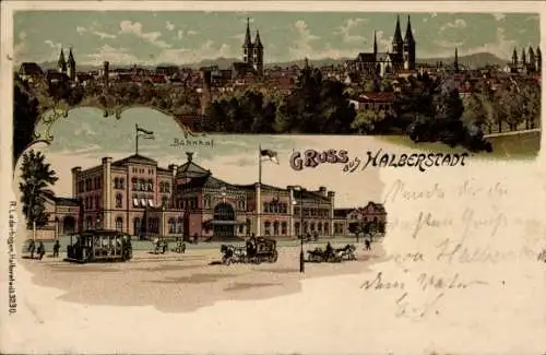 Litho Halberstadt in Sachsen Anhalt, Stadtpanorama, Blick auf den Bahnhof