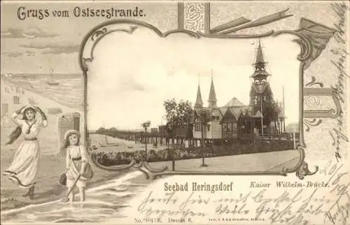 Passepartout Ak Ostseebad Heringsdorf auf Usedom, Kaiser Wilhelm Brücke, Frau und Kind am Strand