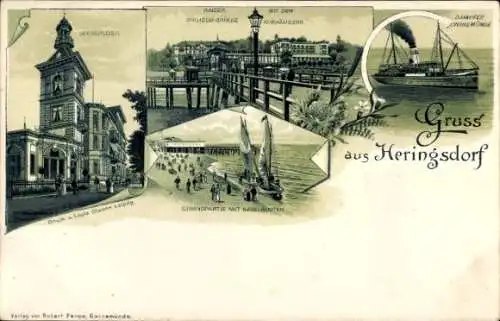 Litho Ostseebad Heringsdorf auf Usedom, Seeschloss, Strand, Dampfer Swinemünde, Brücke