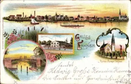 Litho Erkner in Brandenburg, Brücke, Bahnhof, Gasthaus, Kirche, Kriegerdenkmal