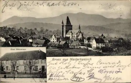 Ak Niederhaslach Elsass Bas Rhin, Gesamtansicht, Kirche, Hotel Delcominete