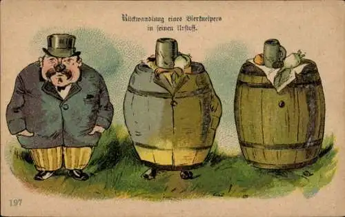 Litho Rückwandlung eines Bierkneipers in seinen Urstoff, Humor