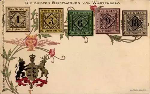 Briefmarken Wappen Litho Die ersten Briefmarken von Württemberg, Hermesstab