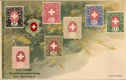 Präge Briefmarken Ak Die alten Telegraphenmarken der Schweiz, Telegraphie