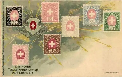 Präge Briefmarken Ak Die alten Telegraphenmarken der Schweiz, Telegraphie