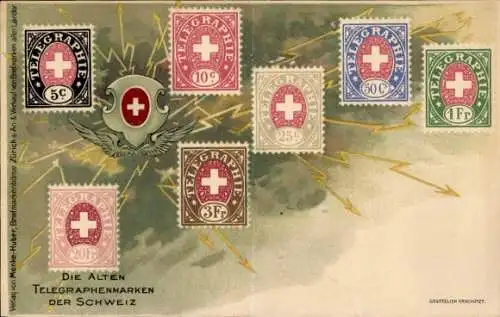 Präge Briefmarken Ak Die alten Telegraphenmarken der Schweiz, Telegraphie