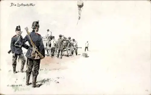 Künstler Litho Becker, C., Die Luftschiffer, Militärballon