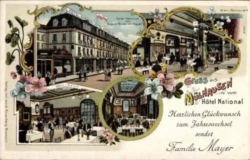 Litho Mulhouse Mülhausen Elsass Haut Rhin, Hotel National, Wein-Salon, Bier-Restaurant