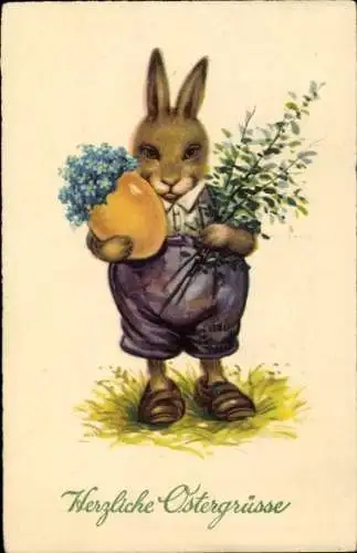 Ak Glückwunsch Ostern,Vermenschlichter Hase mit Ei