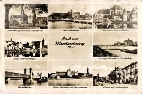 Ak Marienburg Malbork Westpreußen, Schloss, Marktplatz, Nogatbrücke