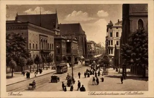 Ak Wrocław Breslau Schlesien, Schweidnitzerstraße mit Stadttheater, Straßenbahn, Passanten