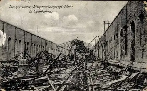 Ak Tschernyschewskoje Eydtkuhnen Ostpreußen, Die zerstörte Wagenreinigungs-Halle