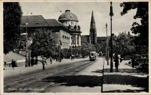 Foto Ak Poznań Posen, Paulikirche, Straßenbahn