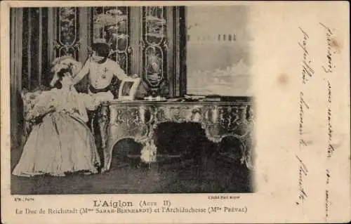 Ak Schauspielerin Sarah Bernhardt, Preval, Theaterszene, l'Aiglon, Acte II, Duc de Reichstadt