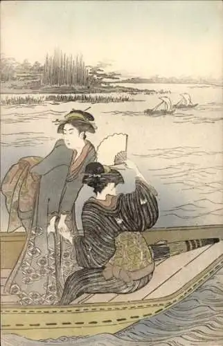 Litho Japan, Frauen in japanischer Tracht, Segelboote