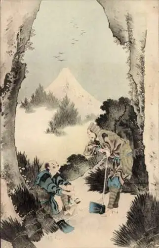 Litho Japan, Holzfäller, Berg