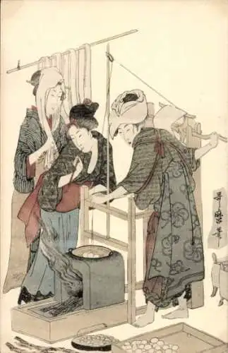 Künstler Ak Utamaro, Kitagawa, Japan, Frauen in japanischer Tracht, Den Faden wickeln