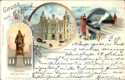 Litho Berlin, Bahnhof Friedrichstraße, Denkmal der hl. Gertrud, Reichspostgebäude