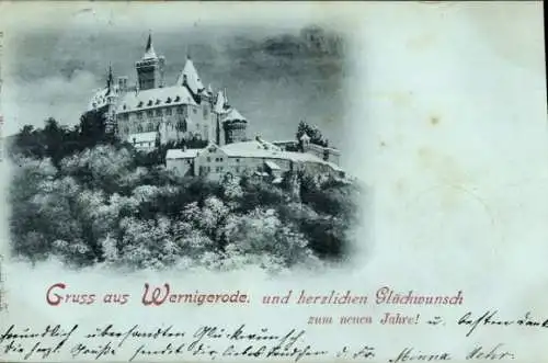 Mondschein Ak Wernigerode im Harz, Schloss, Glückwunsch Neujahr